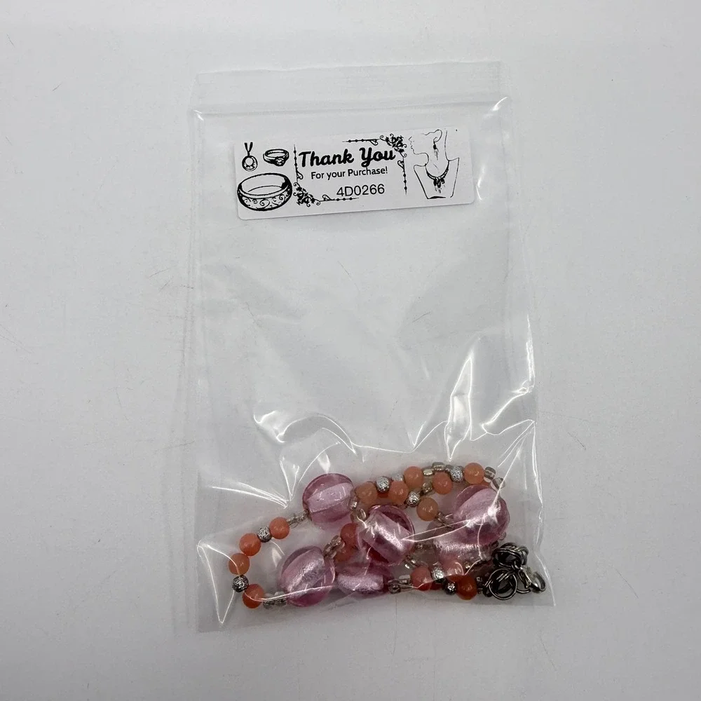 Necklace Pink Foil Glass Bead Peach Coral Silver Tone Boho Artisan Statement